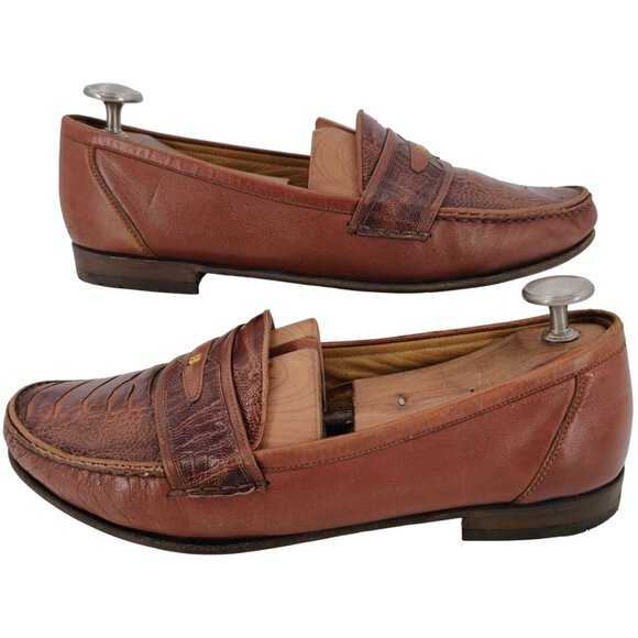 Vintage Bally Italy Exotic Ostrich Leg Leather Brown Loafers Mens 12 Dress Shoes - Picture 5 of 11